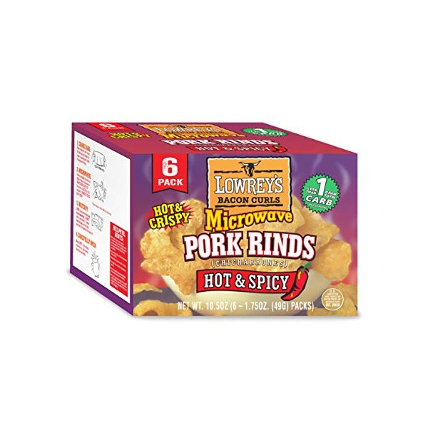 Lowrey's Bacon Curls Microwave Pork Rinds (Chicharrones), Hot and Spicy, 1.75 Ounce (Pack of 6)
