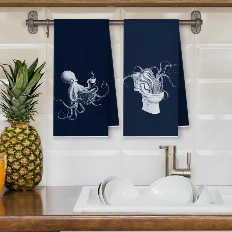 YRDBGHZDF Navy Blue Coastal Beach Octopus Hand Towels, Octopus Bathroom