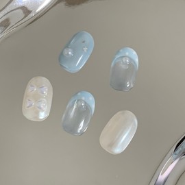 [Handmade Nail Tips] Pearl Sky Dot Nail Tips - Almond / [수제네일팁] 진주 하늘도트 네일팁 - 아몬드
