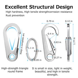 10PCS 1.77 Inch Stainless Steel Clip Spring-Snap Hook,EDC Mini Carabiner Custom Quick Release Hook for ​Outdoor Key Chain Camping Fishing Hiking Traveling