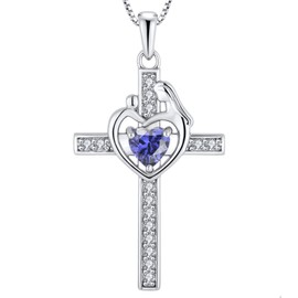 YL Mom Cross Necklace 925 Sterling Silver Mother Pendant Created Tanzanite Mum Jewelry for Women