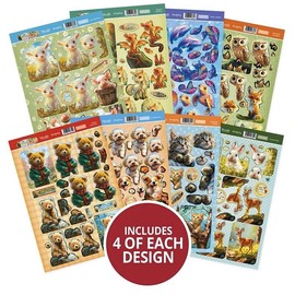 Hunkydory - 32 A4 White Decoupage Topper Sheets (8 Designs, 4 of Each) - 64 Complete Shaped Toppers - Playful Pals Collection