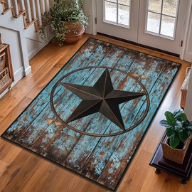 Western Area Rug 3x5,Rustic Barn Texas Star on Old Wooden Plank,Ultra-Thin Washable Throw Carpet Teal Rugs for Bedroom Indoor Vintage Rugs Non Slip Accent Floor Carpets for Entryway,Living Room,Office