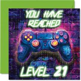 Stuff4 21st Birthday Cards for Men - Neon Video Gamer - Happy Birthday Card for 21 Year Old Man Cousin Friend Colleague Brother, 145mm Bday Greeting Cards