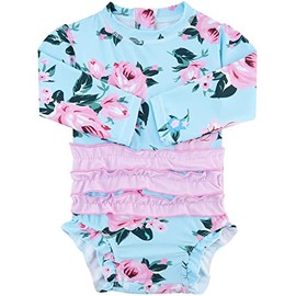 UNICOMIDEA Baby Girl Swimsuit Long Sleeve One Piece Swimwear for 18-24 Months Toddler Kids Cute Flower Pattern Beachwear Bathing Suit Summer UPF 50+ Rash Guard