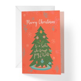 1Up Greetings Christmas Card For Sister | Your Card Helps Animals In Need |Christmas Tree Joy to the World |5”x7.5” | Single Card + Envelope | Women Owned Small Business Made in USA
