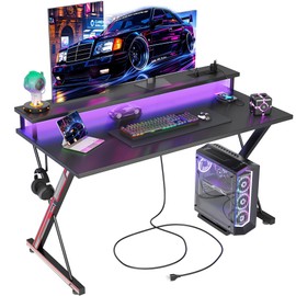 TIQLAB Gaming Desk with Power Outlets & LED 40 Inch Ergonomic Computer Carbon Fiber Surface Gamer Desk, Large Monitor Stand, Headphone Hook, PC Workstation for Bedroom, Black