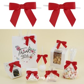 LiBongTa 50 PCs Red Bow 2.5" Grosgrain Ribbon Bow for Decorations, Small Bows for Crafts, Mini Bow Twist Tie Bows for Gift Wrapping, Premade Bows for Baby Shower, Wedding, Party, Candy, Treat Bags