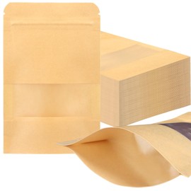 Leelosp 300 Pcs Kraft Bags with Window 3.5 x 5.5 Inch Kraft Stand Up Paper Bags Reusable Food Storage Pouches Heat Sealable Zipper Lock Pouches Bulk for Packaging Business(Brown)