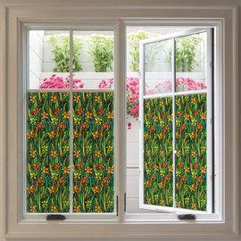 funlife Original Hand-Drawn Privacy Stained Glass Window Film, Single Sided Static Cling Window Cling, Non-Adhesive Glass Windows Decor for Window Glass Door, Spring Green Daffodil, 16.93"x112.99"