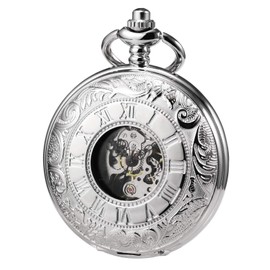 TREEWETO Men's Women's Pocket Watch Steampunk Skeleton Mechanical Silver Fob Retro Watches Double Case