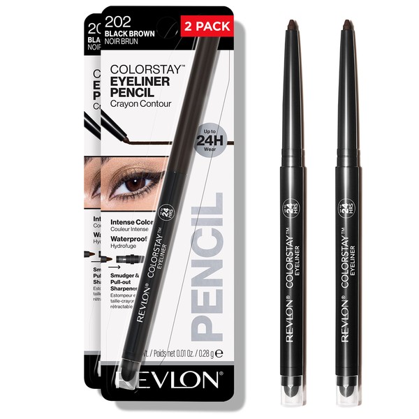 Revlon Pencil Eyeliner, ColorStay Eye Makeup with Built-in Sharpener, Waterproof, Smudge-proof, Longwearing with Ultra-Fine Tip, 202 Black Brown, 2 Pack