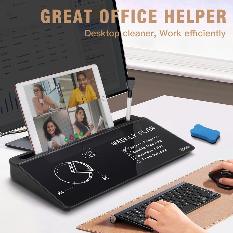 SELEAD Desktop Glass Whiteboard with Organizer, Markers, Eraser - Dry