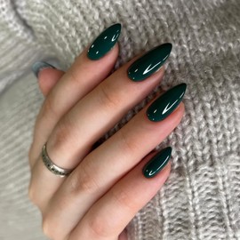 Dark Green Press on Nails Almond Shaped 48Pcs Neutral Thick Fake Nails for Women, Medium Almond Nails Press on Reusable Acrylic Nails Glue on Medium Length Stiletto False Nails Gel Artificial Nails