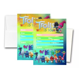 Crafting Mania LLC 12 TROLLS WORLD TOUR Birthday Invitation Cards (12 White Envelops Included)