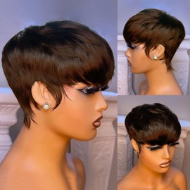 FREEKWEEN Peluca De Corte Pixie Para Mujeres Negras, Cabello Humano Virgen Brasileño, Cabello Rubio Corto, Liso, En Capas, Hecha A Máquina, Sin Encaje Frontal, Sin Pegamento, Talla 4