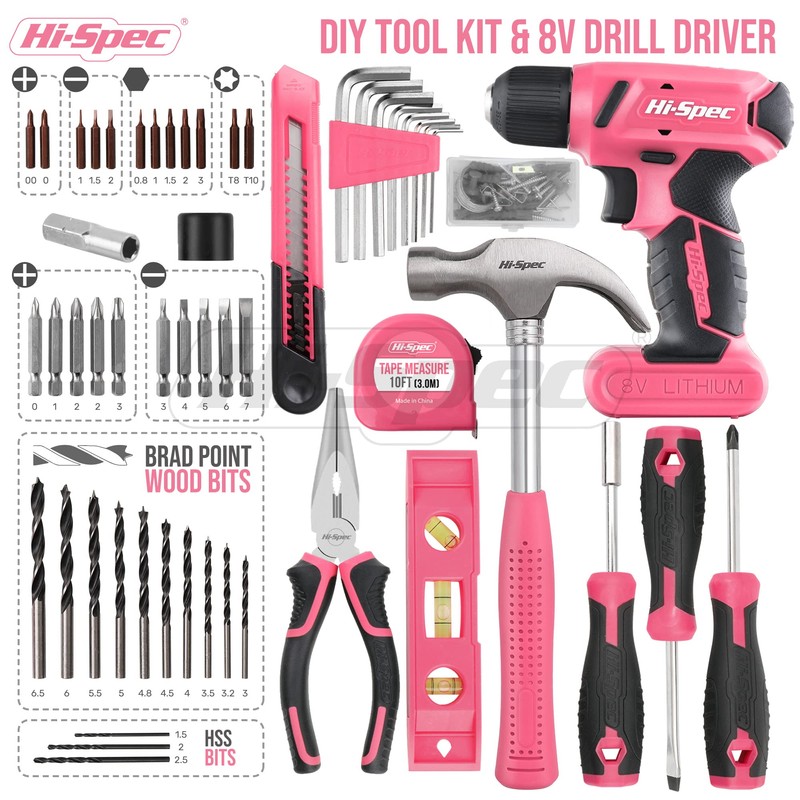 Hi-Spec 58pc Pink 8V USB Electric Power Cordless Drill Driver