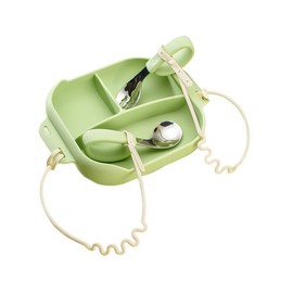 Silicone Tableware for Baby, Silicone Divided Suction Plate for Babies with Built-in Suction Cups, Baby Spoons, Babies Attachable Tethers, Divided Design for Picky Eaters, Baby Led Weaning Supplies