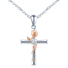 INFINIONLY Cross Necklace and Earrings for Women and Girls, 925 Silver Jewellery Sets, Silver Cross Matches Rose Gold Flowers, Inlaid Zircon, Colour Electroplating Process, Stylish Elegant, Cubic