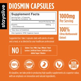 STAY ALIVE Pure Diosmin Complex 1000mg Formula, 120 Capsules, Citrus Bioflavonoids Rich Fruit Extract, 2 Month Supply, 100% Vegetarian, Non-GMO & Gluten Free Diosmin Supplement