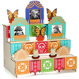 Leinuosen Day of The Dead Ofrenda Altar Decoration Dia De Muertos Altar Wooden Box Set Decor with Wooden Marigold Butterfly Photo Frame Candle for Mexican Picado Banner Remembrance Supplies