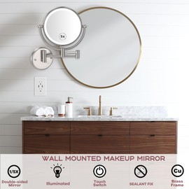 RECKODOR Bathroom Magnifying Makeup Mirror Wall Mounted with Light, Hardwired 7W LED Lighted Vanity Mirror, 360 Swivel 17.7 Inch Brass Extension Arm, Touch Dimmable, Brushed Nickel