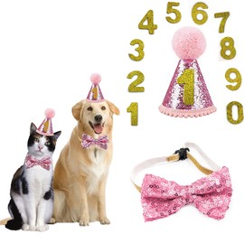 Pet Birthday Set with Golden Sequins Hat Birthday Hat Pet Party Decoration Set Dog Birthday Hat Bow Tie Cat Dog Birthday Sequins Decoration Accessories Festive Party (Pink)