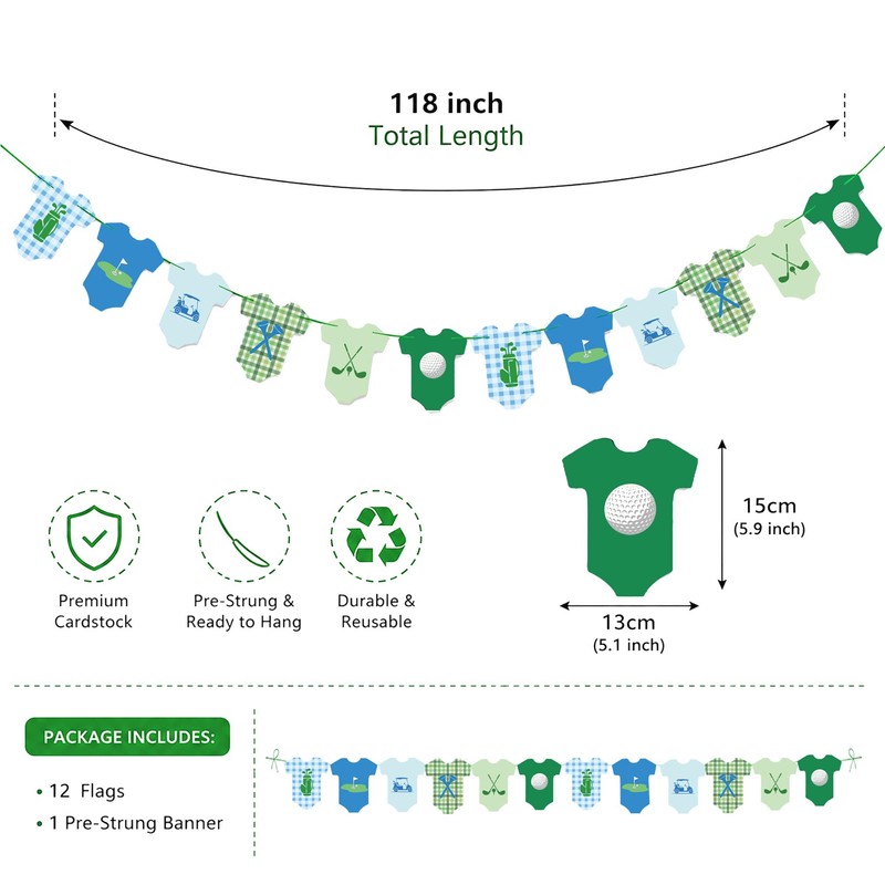 Golf Baby Bodysuit Banner, Green Gingham Baby Shower & 1st