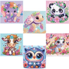 6 Pack 5D Cartoon Diamond Painting Kits for Kids Beginners,Cute Animals DIY Diamond Art Kit for Kids,Full Round Drill Big Gem Art for Kids,Home Wall Decoration 6X6 inch
