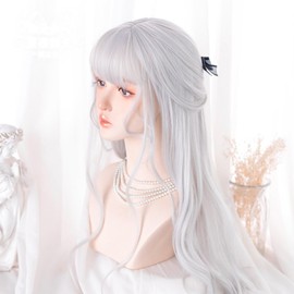 Eileen Long Curls, Silver x White, Wig, Perm, Full Wig, Natural Texture, Curly Hair, Princess Hair, Fluffy, Heat Resistant, Wig, Wind Chasing Girl, Small Face, Cute