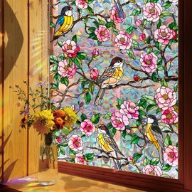 Runtoo Window Privacy Film Rainbow Bird on Tree Branch Flowers Window Clings 3D Decorative Vinyl Stained Glass Rose Peony Floral Decals Static Sticker Non-Adhesive, 17 x 40 inches