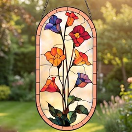 Stained Glass Window Hanging，2026 New Oval Suncatcher Stained Glass Kit Room Decor Glass Panel Anniversary Birthday Gifts for Women Mom and Grandma (Colorful Flowers)
