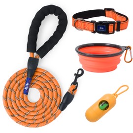 Friendly Whiskers 6ft Dog Leash, Dog Collars, Poop Bag Dispenser, & Collapsible Dog Bowls. Rope Leash for Medium Dogs, with Heavy Duty Nylon Rope. (Orange, Medium)