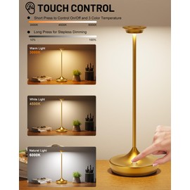 JALVDE JALVDE LED Cordless Lamp Rechargeable - 6000mAh Battery Powered Table Light 3 Color Touch Dimmable with Memory Function Portable Outdoor Desk Lamps for Patio Dining Restaurant (2Pack Gold)