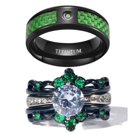 ringheart Couple Rings Black Matching Ring 1.5ct Green CZ Women Wedding Ring Sets for Him and Her His Her Wedding Ring, Metal crystal rhinestone stone, Cubic Zirconia,