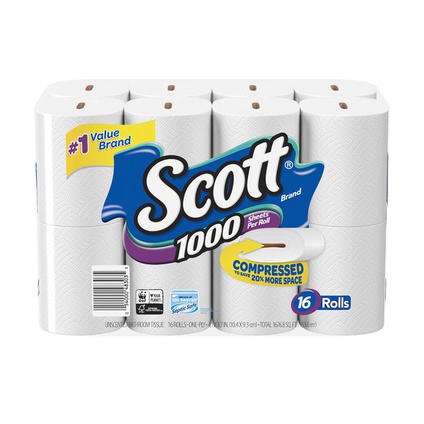 Scott 1000 Sheets Per Roll Toilet Paper, Bath Tissue, 16 Rolls (Pack of 1)