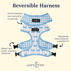 Lucy & Co. Cute Reversible Dog Harness Walking Halter - Best Designer Pet Harnesses for XS - XL Dogs - Padded Adjustable Vest for Easy Walking - Small - White with Blue Bows