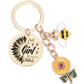Sunflower Keychain Gifts for Women Girls - Bee Key Chain with Cute Floral Charm for Bags and Cars, Inspirational Keyring Just A Girl Who Loves Sunflowers