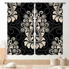 Black White Damask Curtains, Vintage Antique Baroque Classic Floral Elegant Chic Flower Patterned Art Decor Blackout Window Drapery Treatments for Bedroom Living Room Kitchen Bathroom, 42"x45" Inch