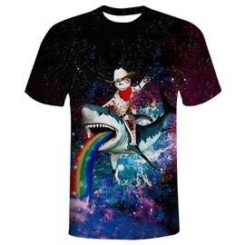 Cat Riding Shark Men 3D Printed Short Sleeve T-Shirts Casual Graphics Tees