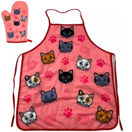 Crazy Dog T-Shirts Cat Yarn Kitchen Apron and Oven Mitt Set Funny Pet Cat Kitty Animal Lover Accessories (Oven Mitt + Apron)