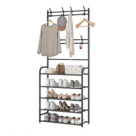 UDEAR Entryway Coat Rack,Large Storage Space, with 5-Tier Shoes Storage Shelf,Provides Hanging and Storage Capabilities,15-20 Pairs of Shoes,Multifunctional Practical Storage Hanger,Black