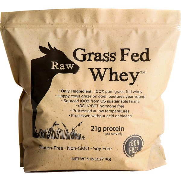 100% Raw Grass Fed Whey - Happy Healthy Cows, COLD PROCESSED Undenatured Protein Powder, GMO-Free + rBGH Free + Soy Free + Gluten Free, Unflavored, Unsweetened (5 LB BULK, 90 Serve)