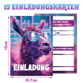 BOYATONG 12 x Llama Invitation Cards Children's Birthday Girl & Boy, 15 x 10.7 cm Invitation Cards Birthday Invitation Children's Birthday Invitation in Cool Glasses Alpaca Design