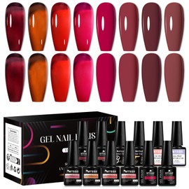 MTSSII 12 Pcs Red Gel Nail Polish Set Jelly Dark Burgundy Wine Red Gel Polish Bloody Red Amber Coral Brown Translucent Nail Polish with Base Top Coat, Nail Dehydrator and Primer Nail Art Design DIY