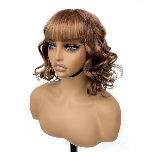 BLISSHAIR Short Bob Loose Wave Real Hair Wig with Fringe Ombre T4/12 Curly Hair Lace Front Wig Brazilian Pure Human Hair Glueless Wigs for Women Short Wave Wig 14 Inches