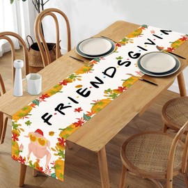 Friendsgiving Decorations Table Runner 13x72in Long Linen Thanksgiving Fall Turkey Maple Leaves Pumpkin Tablecloth Friends Giving Tables Runner for Indoor Outdoor Home Party Table Decorations