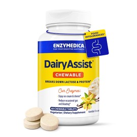 Enzymedica DairyAssist masticable, enzimas digestivas 2 en 1 para la digestión de lácteos, lactosa y caseína, fórmula de acción rápida para aliviar gases e hinchazón, 60 comprimidos masticables