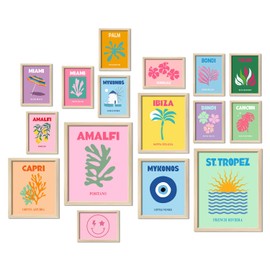 ANERZA 16 piezas de decoración de arte de pared estilo fresa, impresiones de viajes para recámara, juego de collage de pared para sala de estar y decoración del hogar, para adolescentes