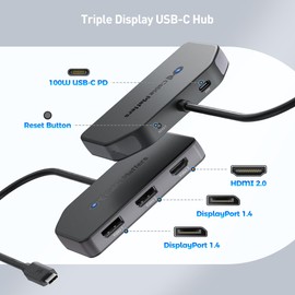 Cable Matters 4K@60Hz Triple Display USB C MST Hub (2X DisplayPort 1.4, 1x HDMI 2.0), with 100W Charging for Windows - Not Compatible with macOS
